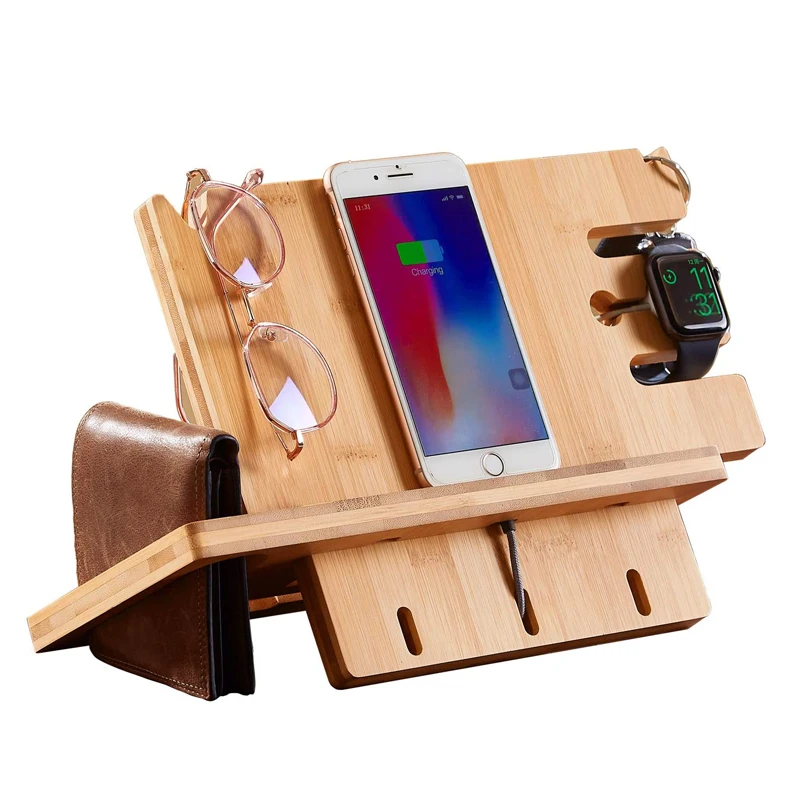 Bamboo Charger Dock Stand Wood Phone Docking Station and Nightstand Organizer Stand Holder