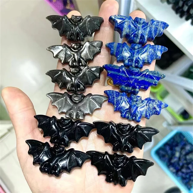 Spiritual Products 5cm Witchcraft Supplies Natur Black Obsidian Lapis Lazuli Carving Crystal Bats for Halloween