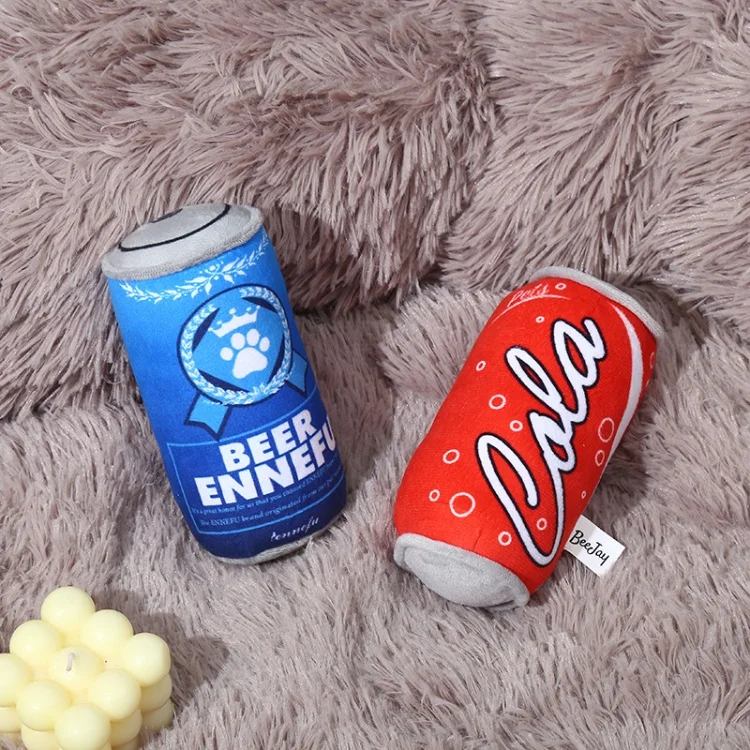 Custom New Design Soda Can Series Stuffed Squeaky Dog Toys Plush Pet Squeak Alcohol Toys for Dogs