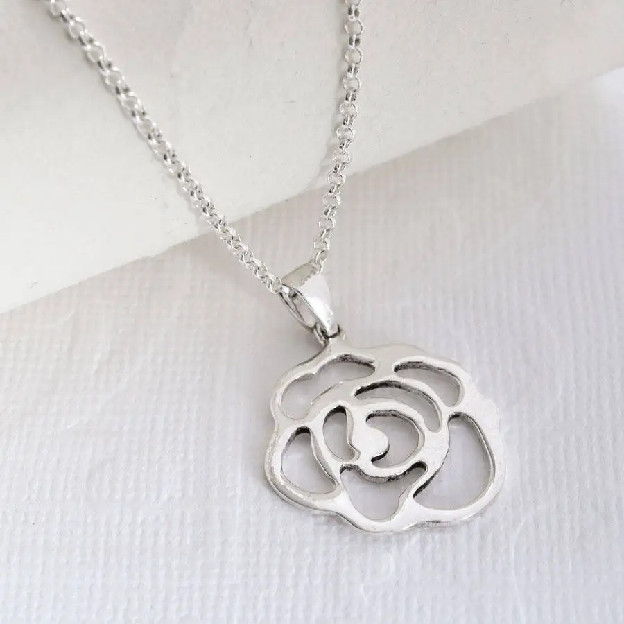 Wholesale high quality rose quartz flower charms necklace 18k 925 Sterling Silver Rose Necklace