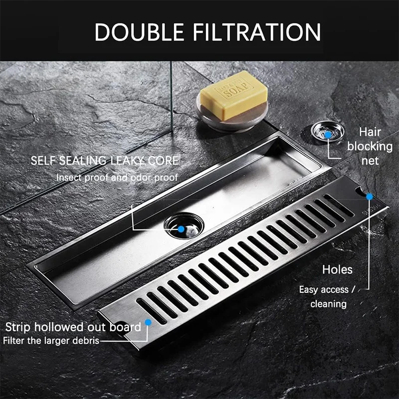 Wesda Wholesale Bathroom Hotel Swimming Pool Removable Stainless Steel Rectangle Long Floor Drain Strainer Linear Shower Drain