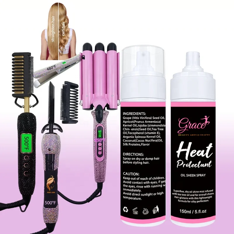 Custom logo Hair Styling Set Heat Protectant Spray Fast RhinestoneHair Straightening Electric Hot Comb 25mm Crimp