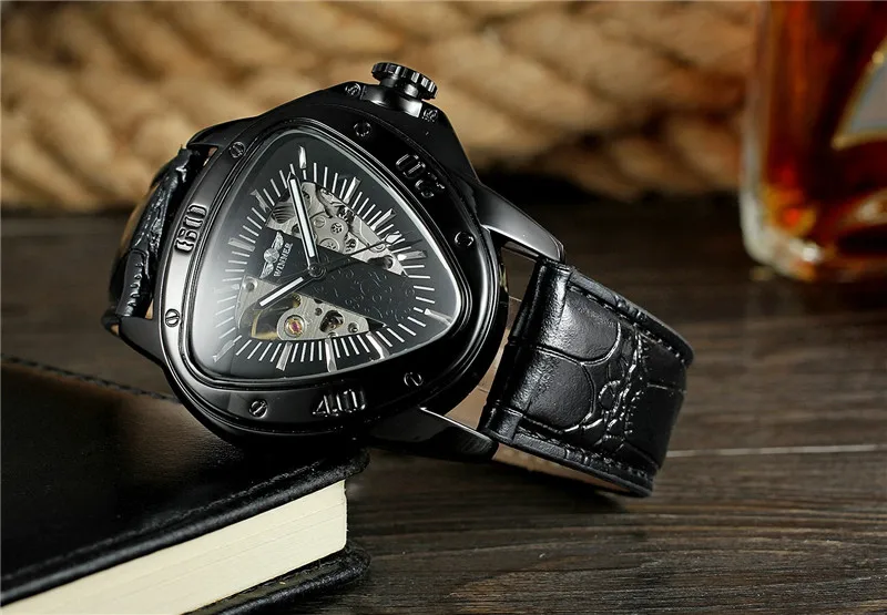 Winner Triangle Golden Skeleton Transparent Motorcycle Racing Design Mens Automatic Wrist Watch Top Brand Luxury Male Clock