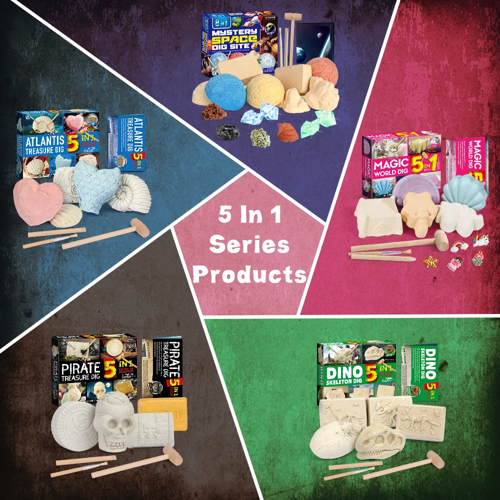 DIY 5 in 1 child gift kid educational eco friendly stone collection earth treasure dig gems excavation kit rock dig toy
