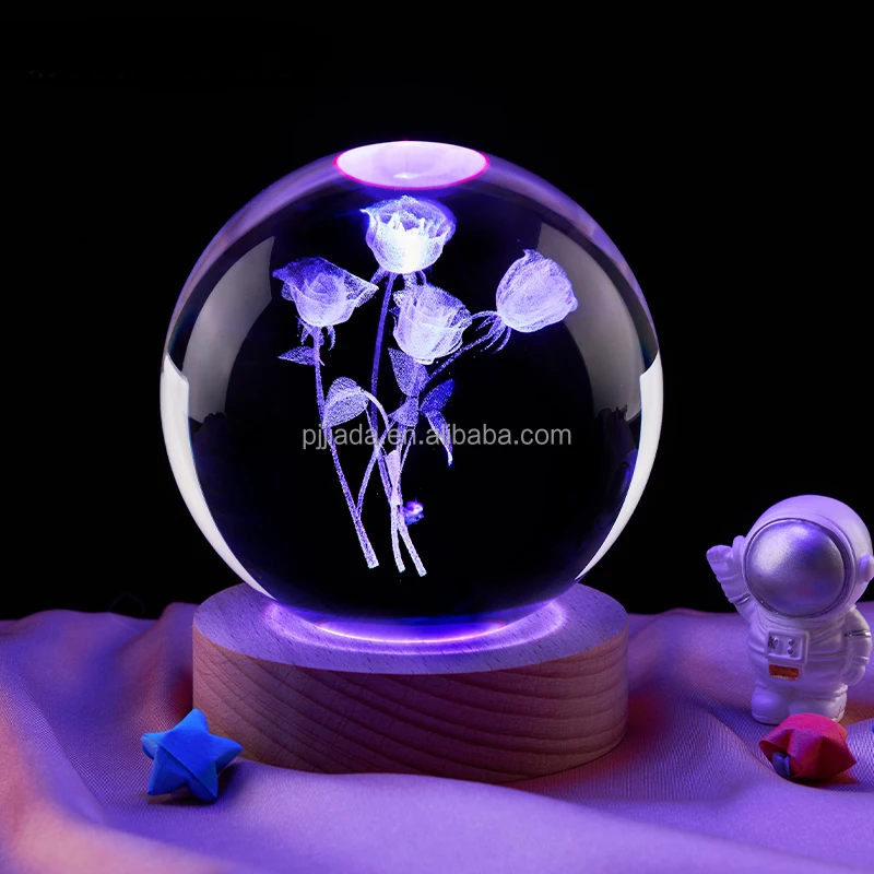 Crystal Ball Small Light Night 3D Engraved Axolotl Rose Moon Planet Galaxy Glass Ball with Wood Led Light for Home Decor