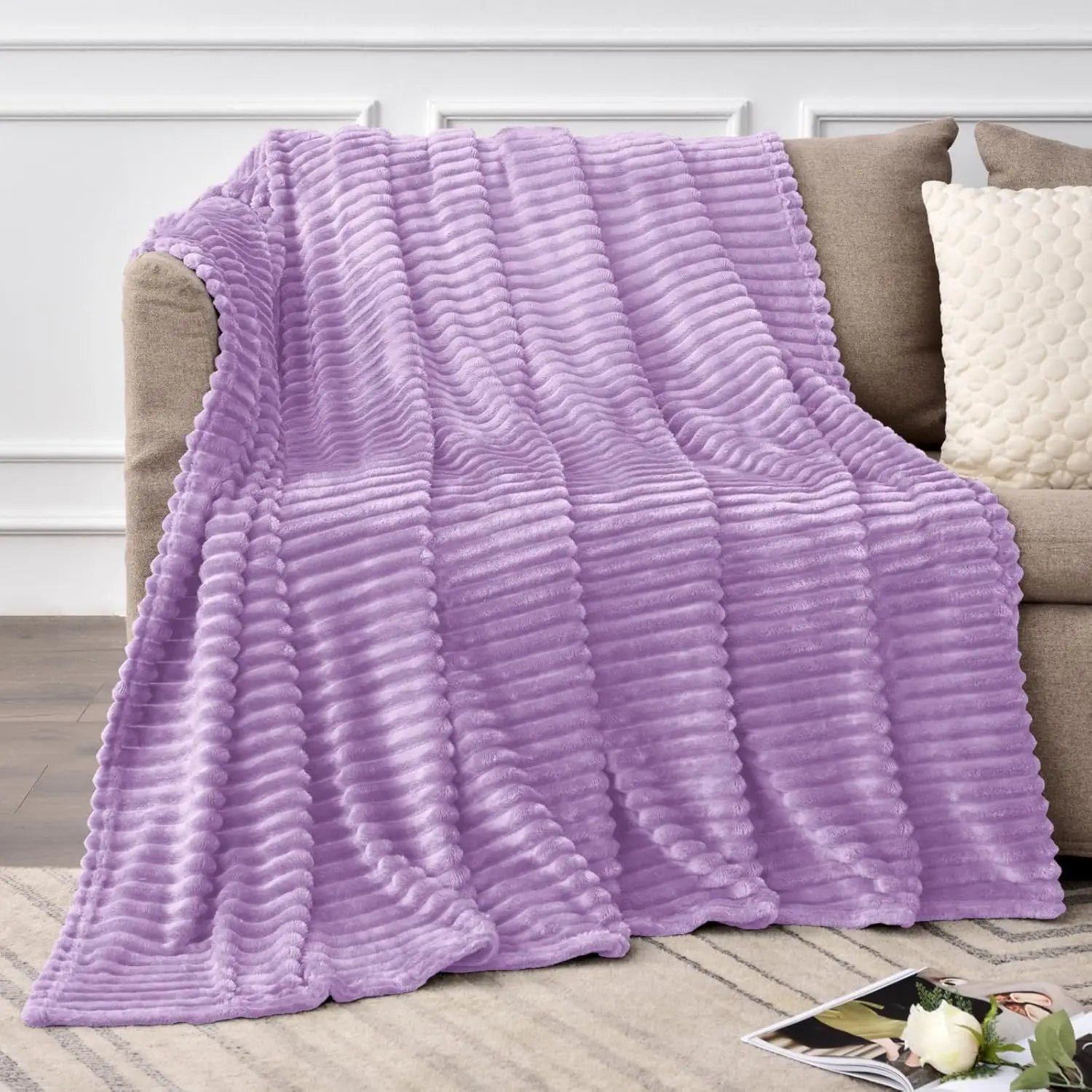 Fleece Throw Blanket for Couch 3D Ribbed Jacquard Soft and Warm Decorative Fuzzy Blanket Lavender Throw Blankets for Bed Sofa