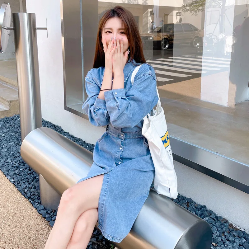OEM Casual Long Sleeve Solid Turn Down Collar Knee Length Summer New Single Breasted Cotton Denim Shirt Dress Women With Pockets