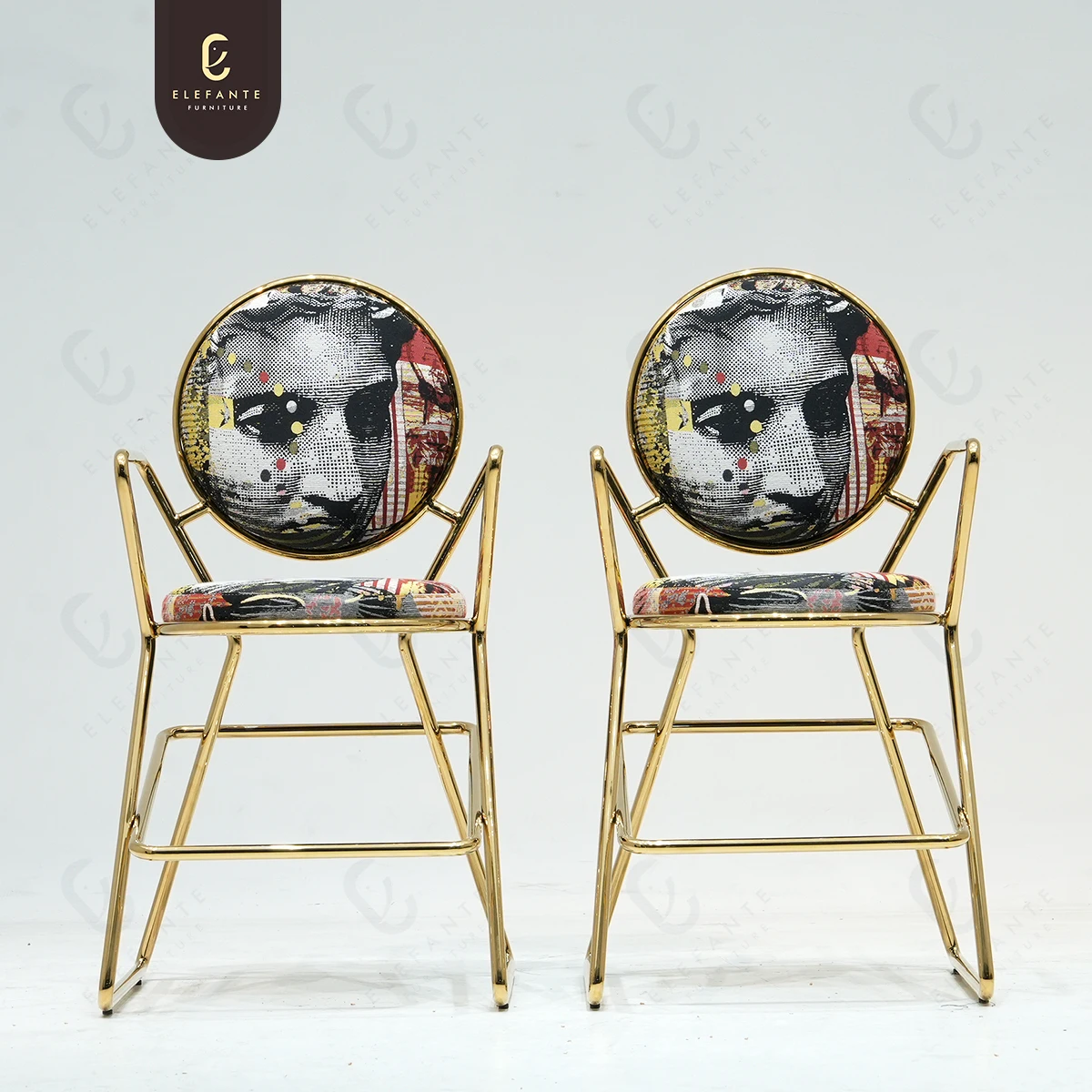 Modern Artistic Stainless Steel Chair Simple Golden Armrest Backrest Barstools with Printed Cushion