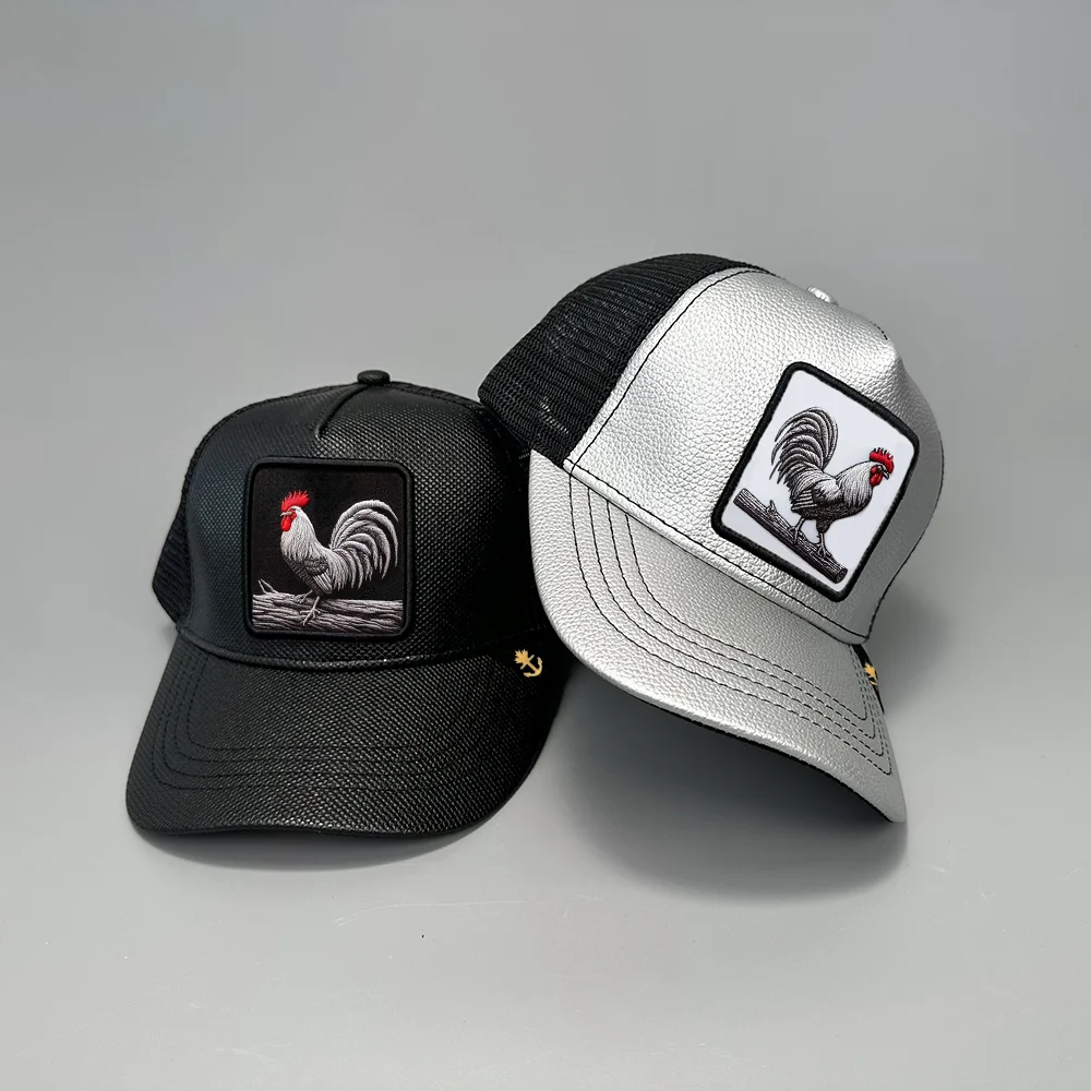 Wholesale 5 Panel Mesh Original Gorras Custom Your Logo Embroidery Pu Leather Patch Animal Rooster Trucker Hat Cap