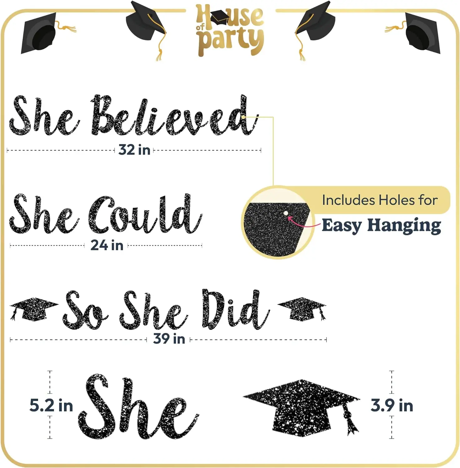 2024 She Believed She Could So She Did Black Paper Banner Graduation Banner for Girls Boys Graduation Party Supplies