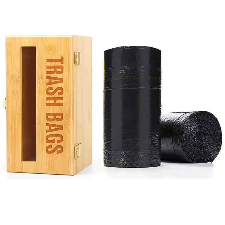 Private Label Bamboo Wall Mounted Kitchen Trash Bag Dispenser Garbage Bag Holder Trash Bag Organizer