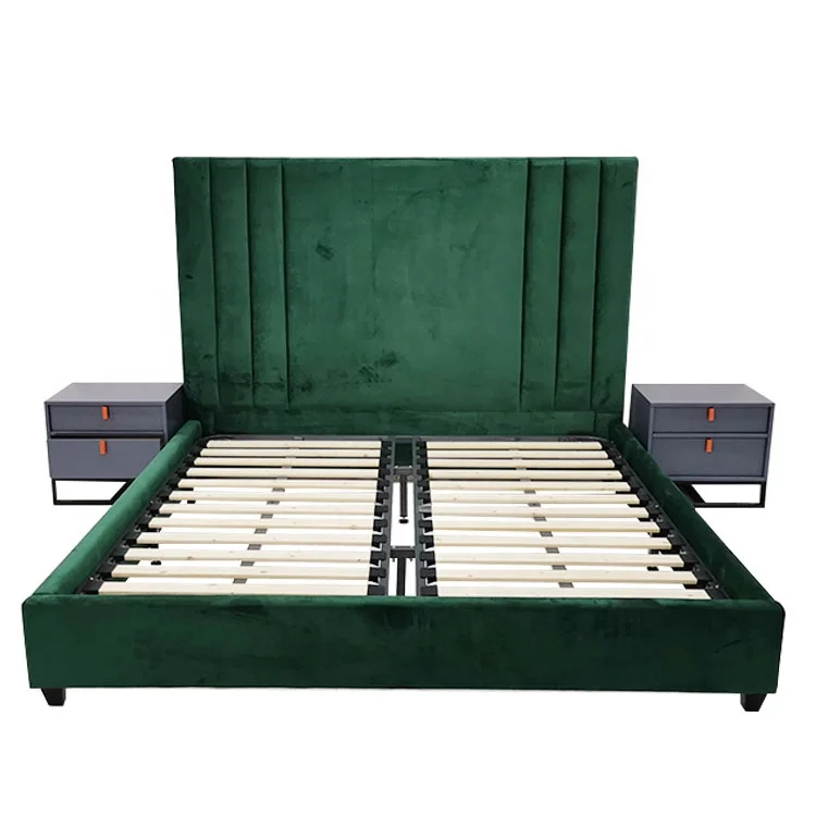 
Xin Yu factory crushed velvet fabric upholstered bed frame luxury queen double low platform green bed king size 