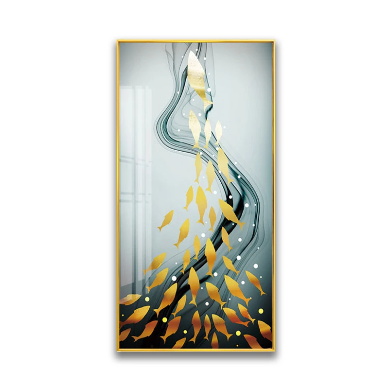 Golden Fish Painting Abstract Modern Style Lotus And Golden Fish Crystal Porcelain Painting For Decor