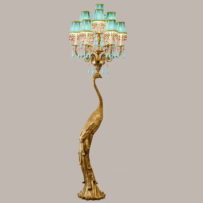 
Castle or empire style brass led animal floor light with green lampshade and amazing design luxury vintage peacock lamp standing 