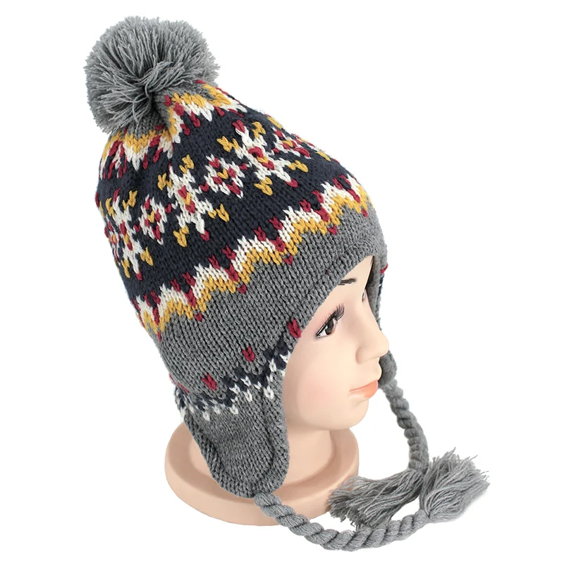 Custom keep warm children winter cute kids earflap jacquard beanie hats pom pom knitted hat