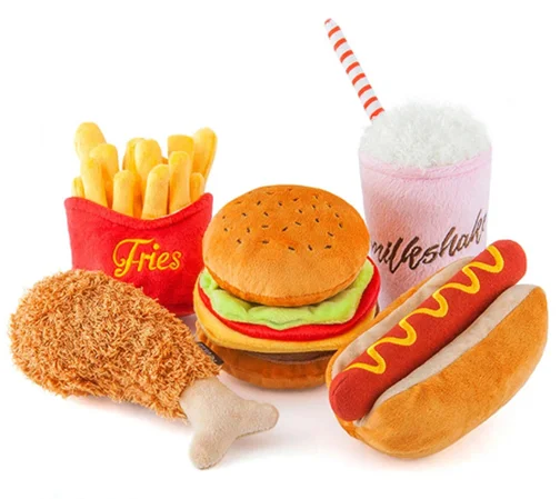 Custom durable Lunch Food Chew Squeaky Plush Dog Toy Cute Pet Plush Toys Stuffed Puppy Small Dog Chew Toys