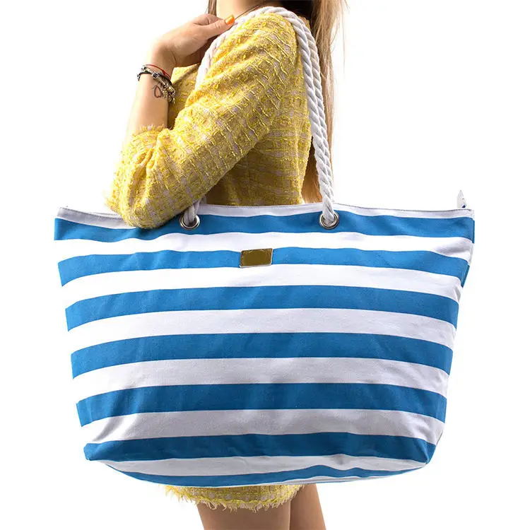 Wholesale Customized High Quality OEM Striped Knitted Cotton Canvas Tote Bags Shopping Bags Beach Bags With Rope Handle