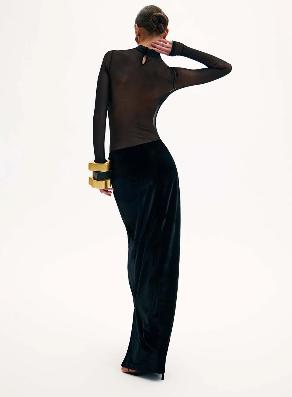 LS2480 Trendy Sexy Black Club Mesh Dress Sexy Long Sleeve Women  Clothing See Through Club Velvet Maxi Dresses