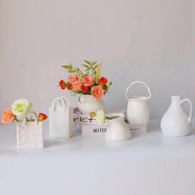Cute Multi-use Small Stationery Storage Tabletop Mini White Porcelain & Ceramic Handbag Vase