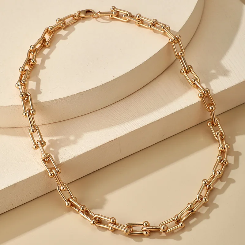 Chunky Gold Metal link Chain Hip hop U-shaped Geometric Clavicle  Gold Alloy Thick Chain Necklace