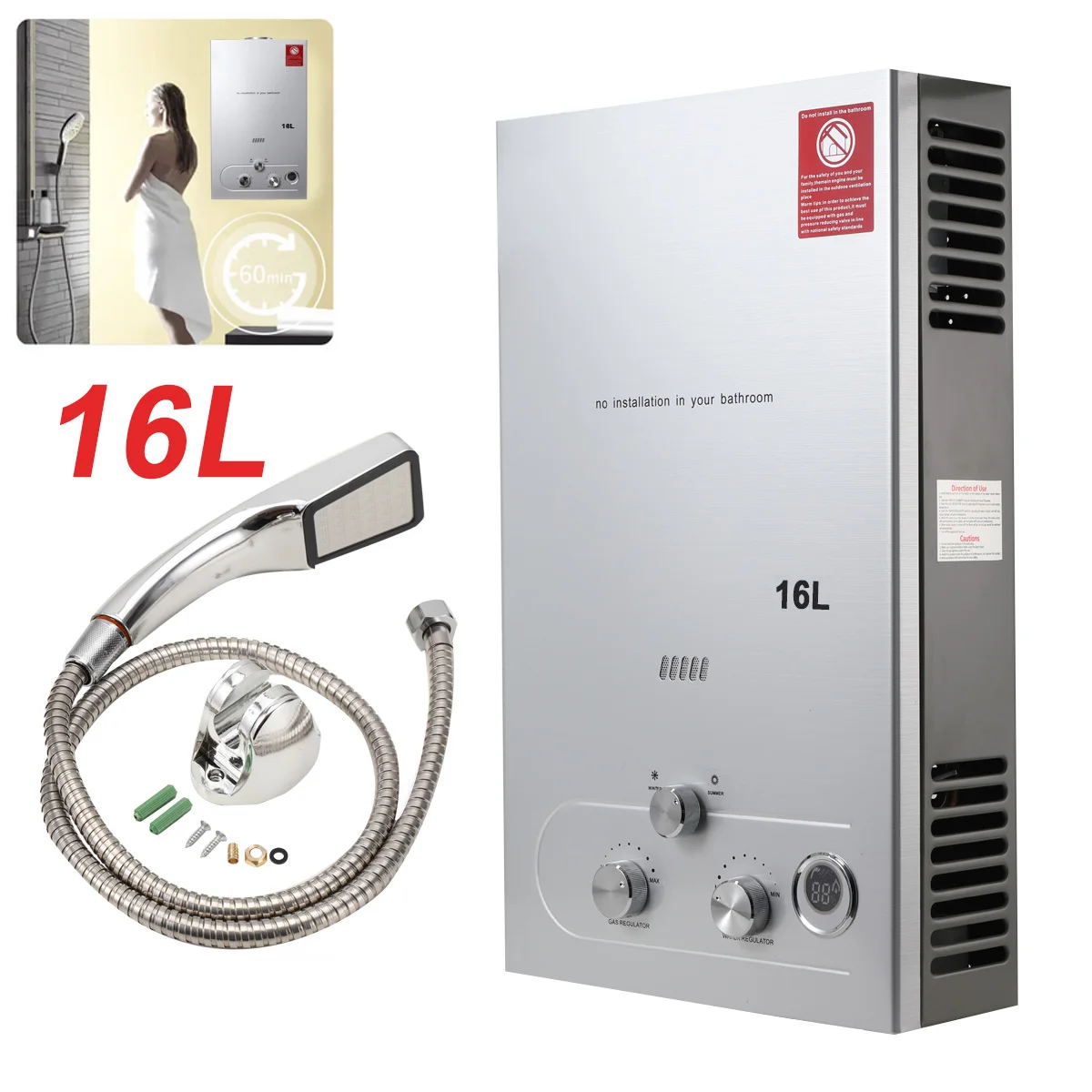 16L Portable Stainless Steel Instant Gas Burner Water Heater Liquid Propane Tankless  LPG Gas Geyser Boiler
