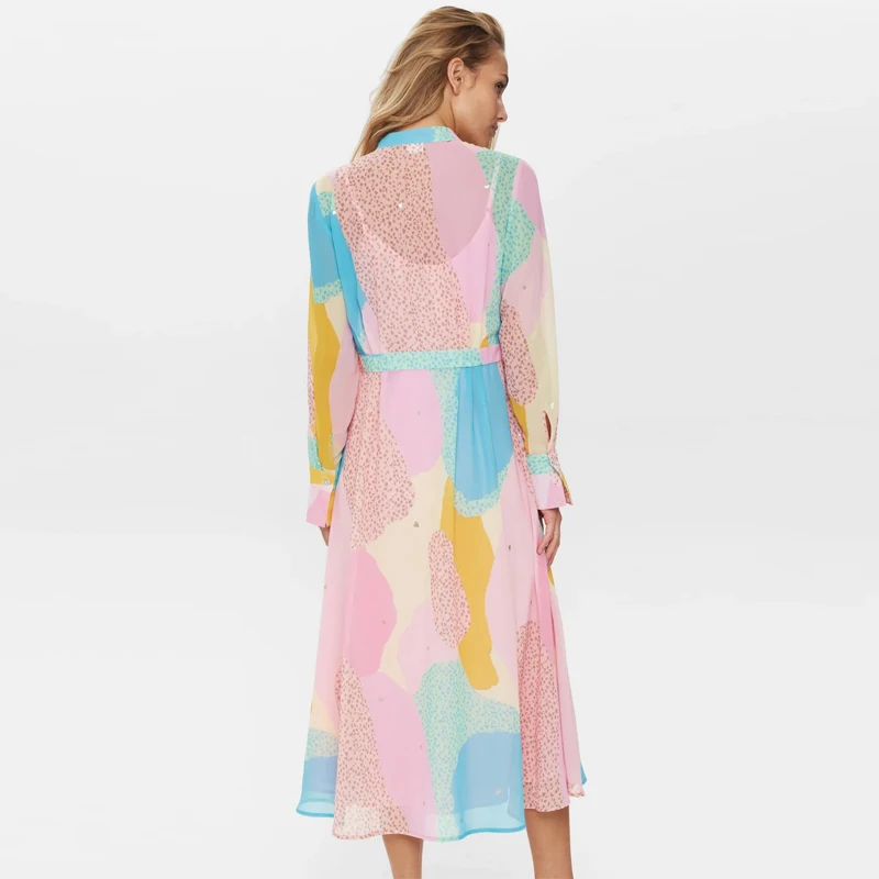 Cheap custom printed new leopardd printed fashion button up a-line long sleeve chiffon shirt elegant summer casual dresses