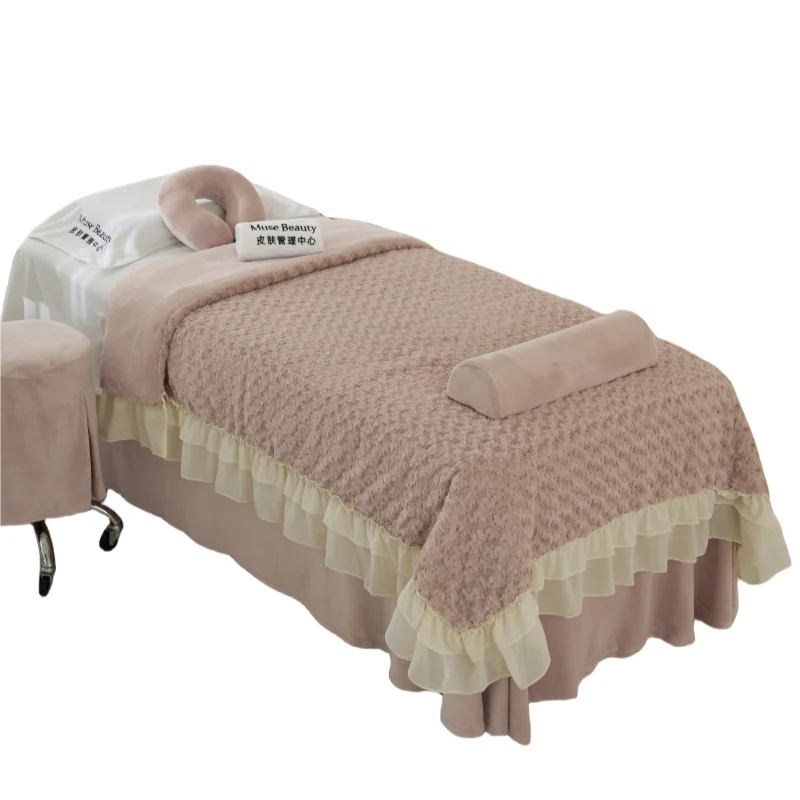 Factory price Pink 3D Floral Rose quilt Autumn winter Sweet Princess hemline designs beauty salon sheet set