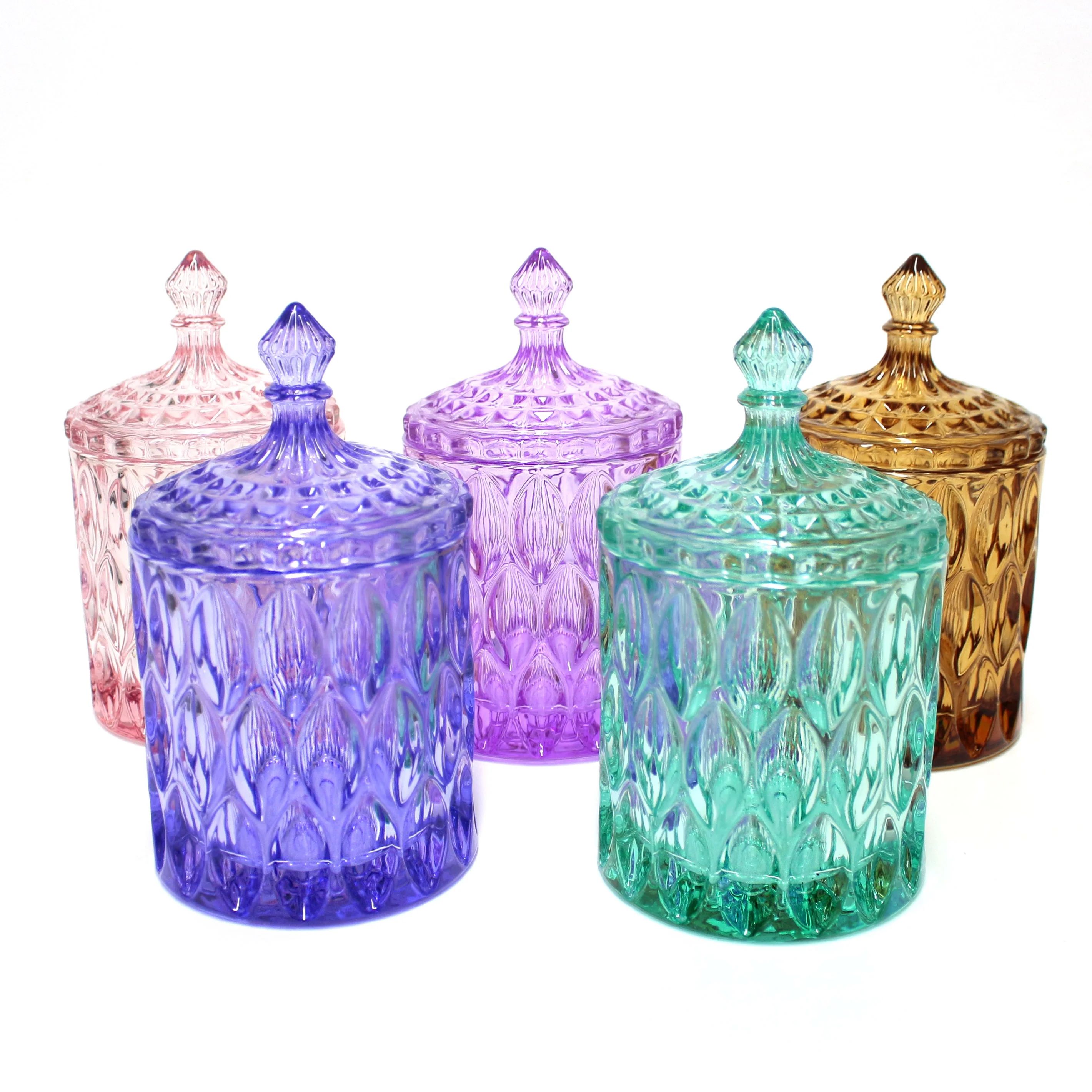 LANGXU high quality cylindrical short large capacity pink purple green candy jar with glass lid for food storage candy