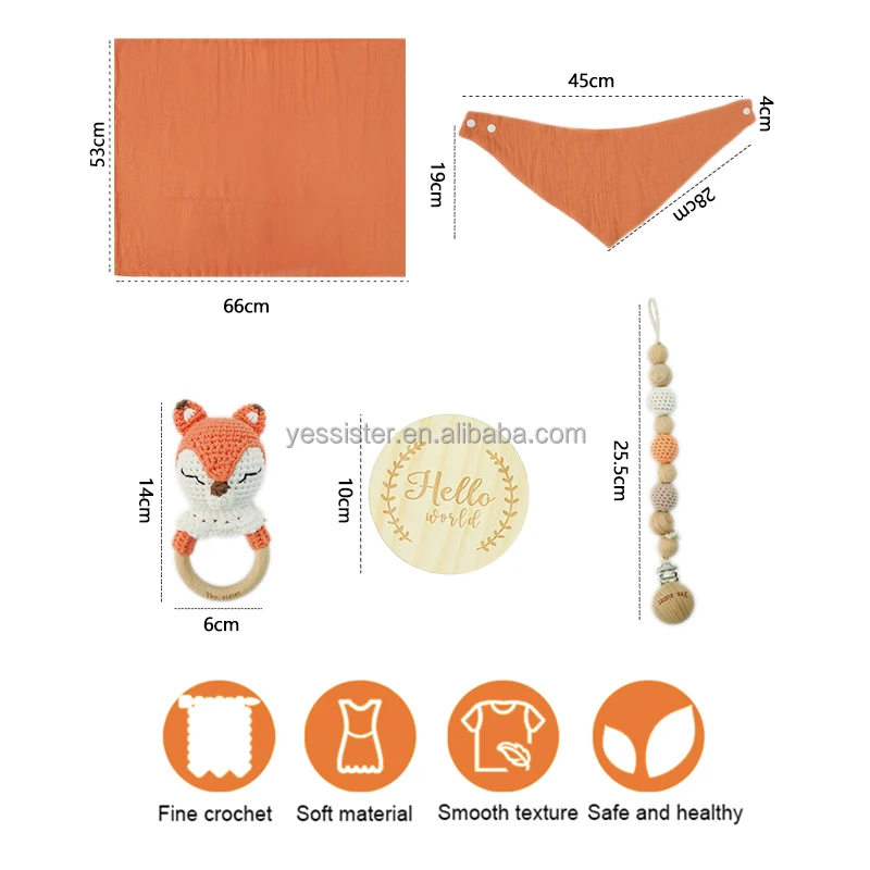 Baby Comforter Toy Security crochet dinosaur rattle Gift Set Custom Solid Cotton Baby Muslin Swaddle Blanket Set