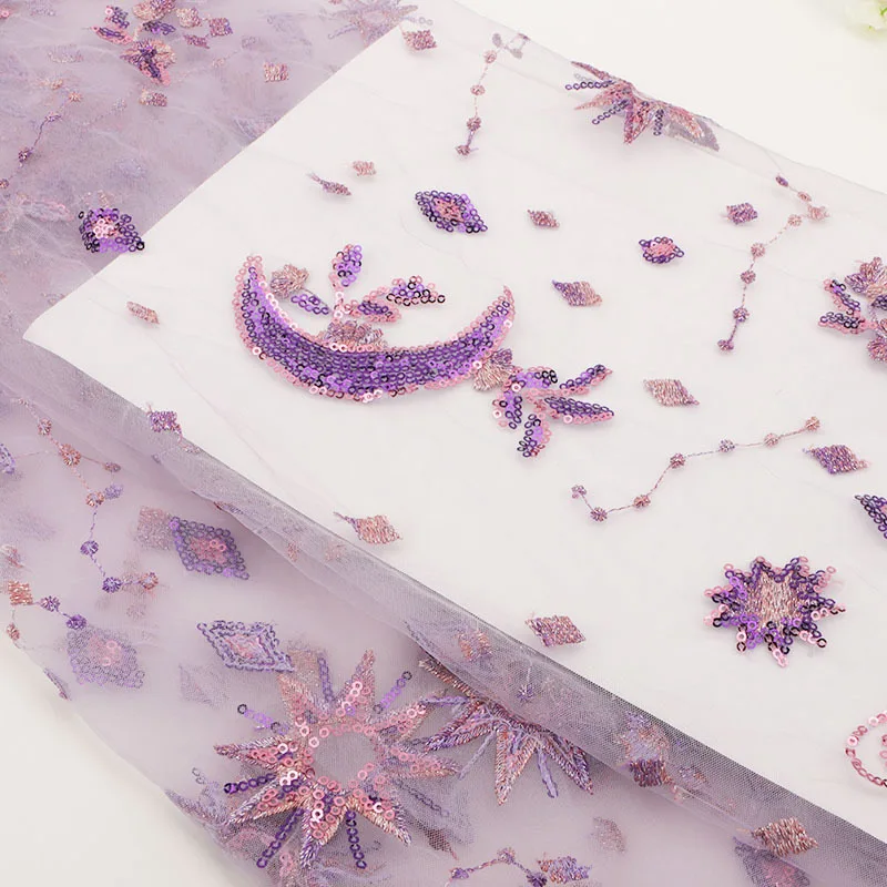 Factory High Quality Embroidery Star Moon Bead Embroidery Heavy Embroidery Lace Fabric Sequin Lace Fabric