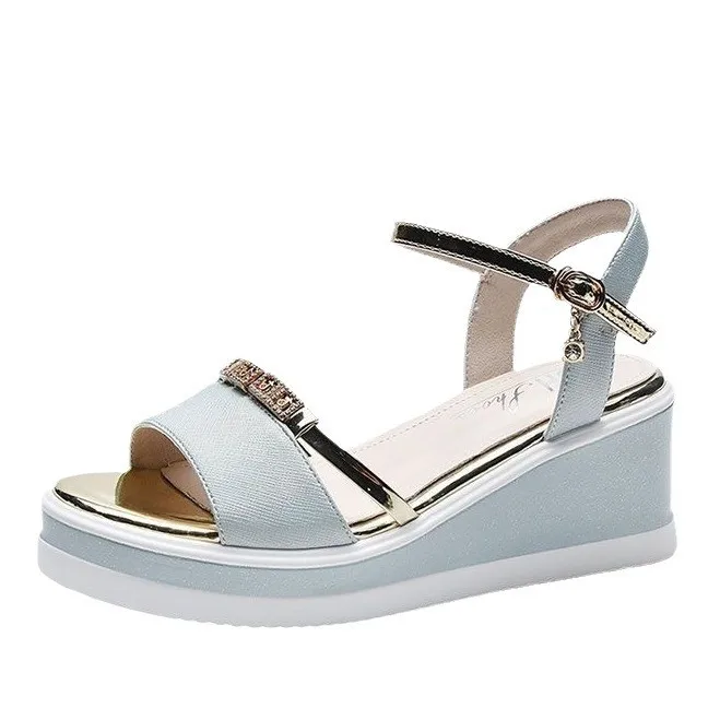 custom Casual Girls Sandals Solid Color Fish Mouth Open Toe Wedge Heel Sequins Ankle Belt Buckle Women Sandals