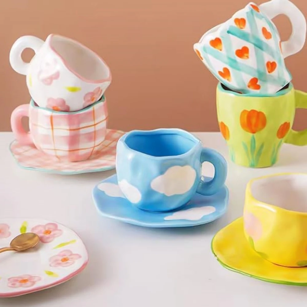 Hot sale nordic style 10oz ceramic cloud tea cups set with saucer cute porcelain coffee cup reusable eco-friendly