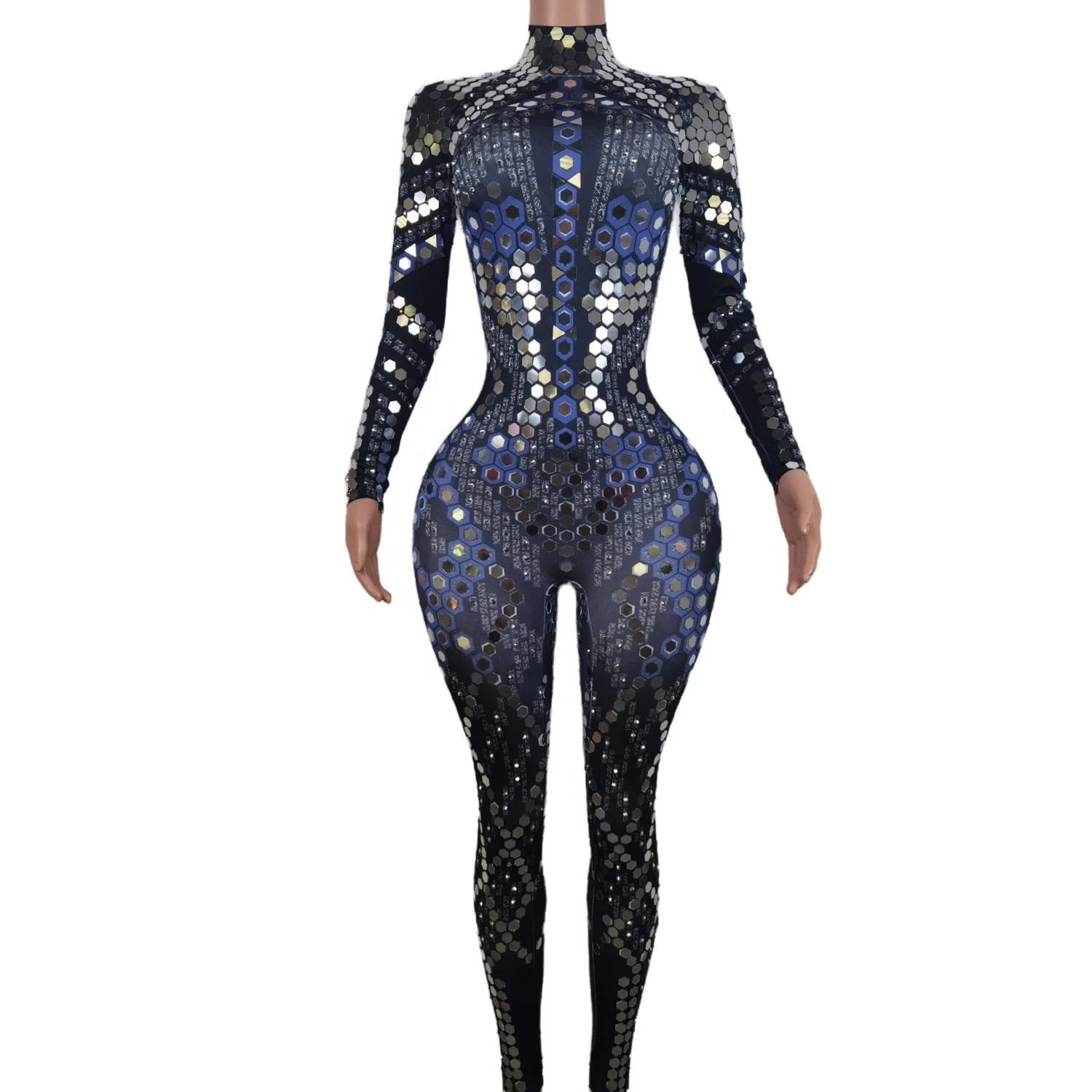 Sexy Long Sleeves Stretch Sequin Stage Performance Rompers Dancer Costume Slim Fit One Piece Bodysuit Women Rhinestone Jumpsuit