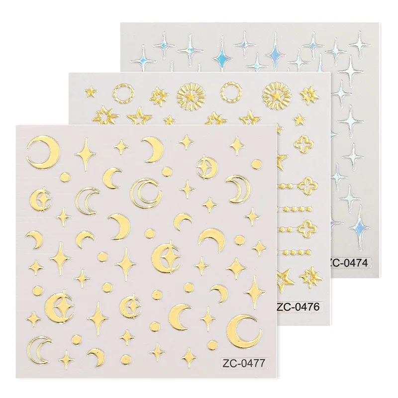 Wholesale Silver Gold Adhesive Decal Star Moon Stripe Design Nail Pack Nail sticker 3D nail art sticker