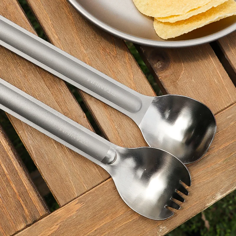 Outdoor Camping New Pure Long Handle Titanium Backpacking Spoon Tableware Soup Rice Spoon Sandblasted Fork Spoon