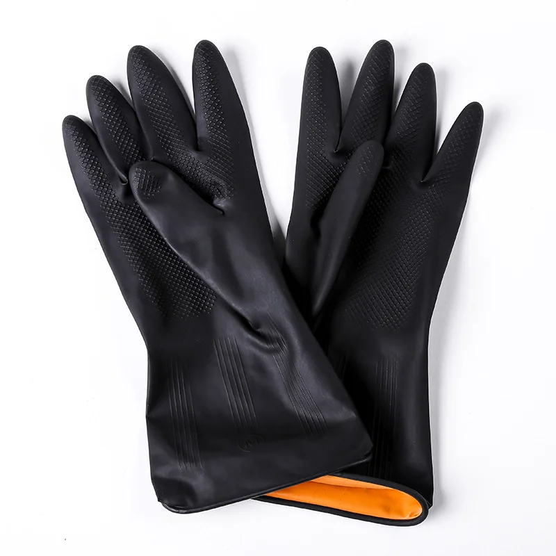 black color hand work rubber industrial latex rubber gloves orange color inside,70g