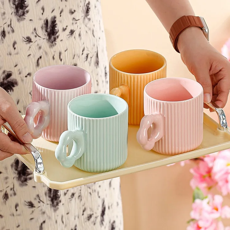 wholesale macaron simple striped ceramic mug creative flower handle mug water cup wedding event with gift breakfast coffee mug