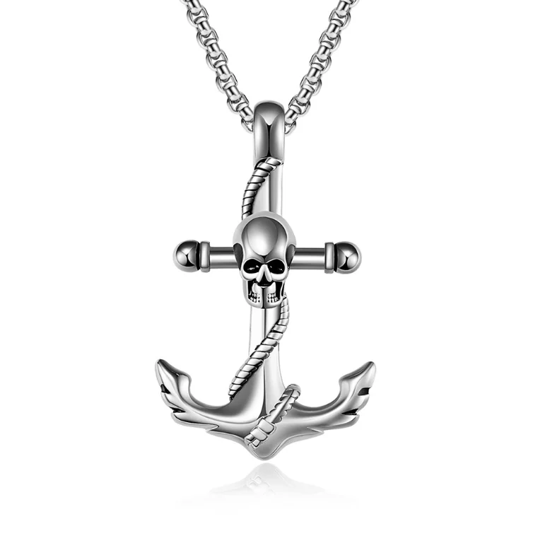 Vintage Stainless Steel Skeleton Anchor Pendant Jewelry Necklace Hip Hop Custom Plated 18k Gold Steel Black Pendant Necklace Men