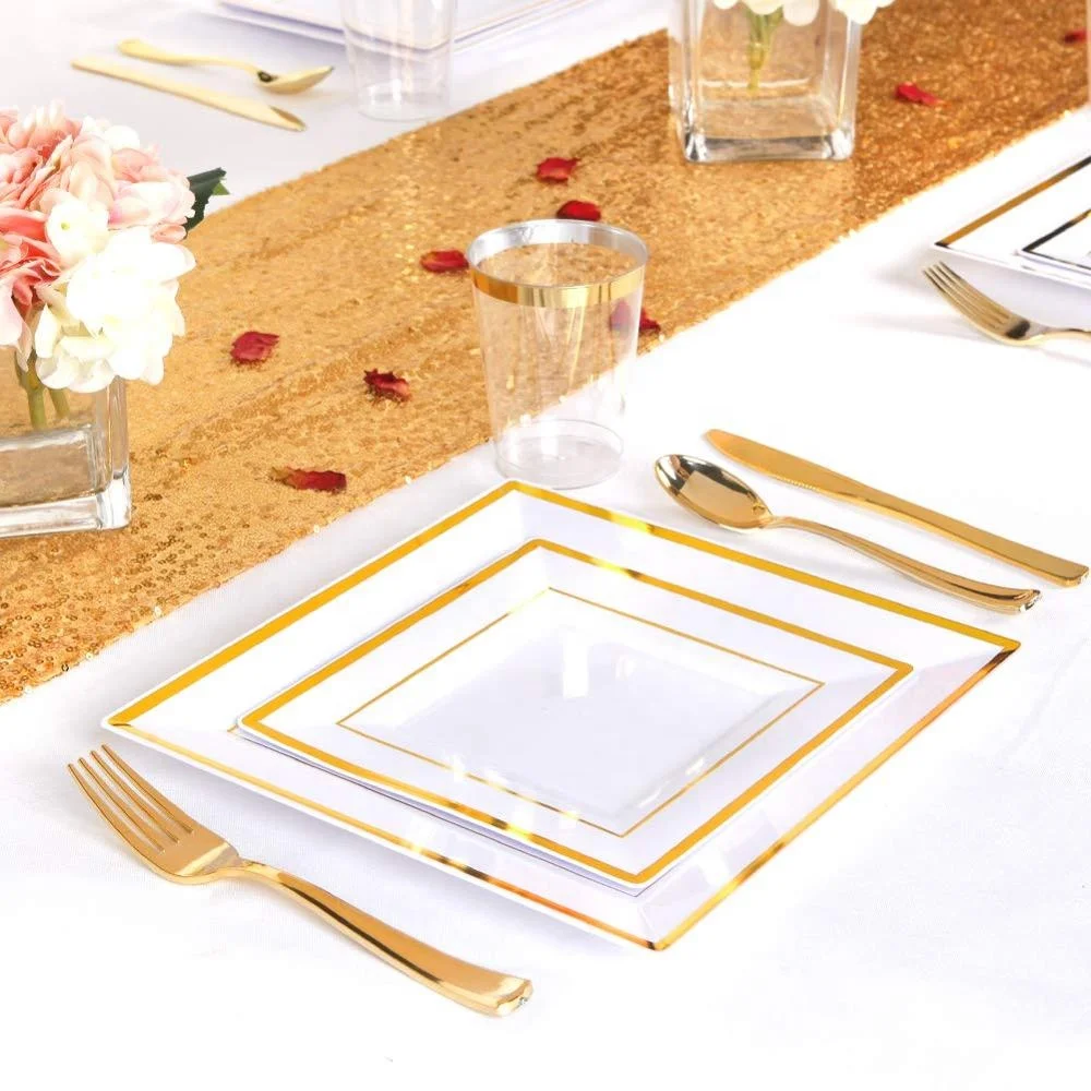 100pcs Gold Rim Premium Disposable Plastic  Square Plate