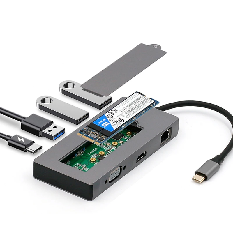 Type C Hub to Gigabit Ethernet 1080P VGA 4K@30Hz HD USB A 3.0  PD Chargeing usb-c docking station with SSD enclosure