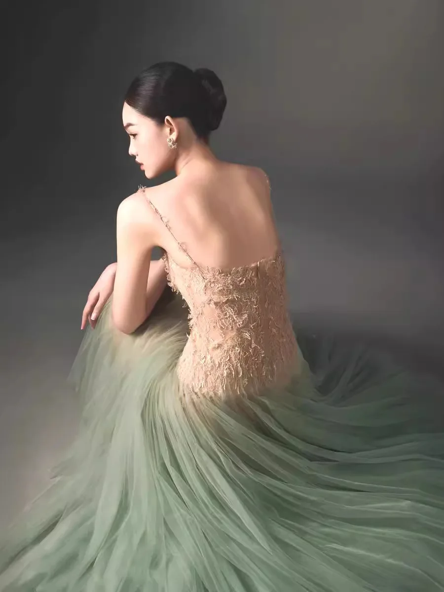 New arrivals dropshipping luxury lace patchwork mint green gauze fairy dress women