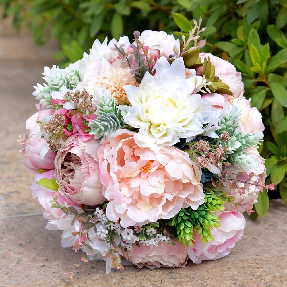 Artificial PE Flower Hand Holding Wedding Rose peony Flower Bouquets Bridal Bouquet Holder Hand flores artificiales Tied Bouquet
