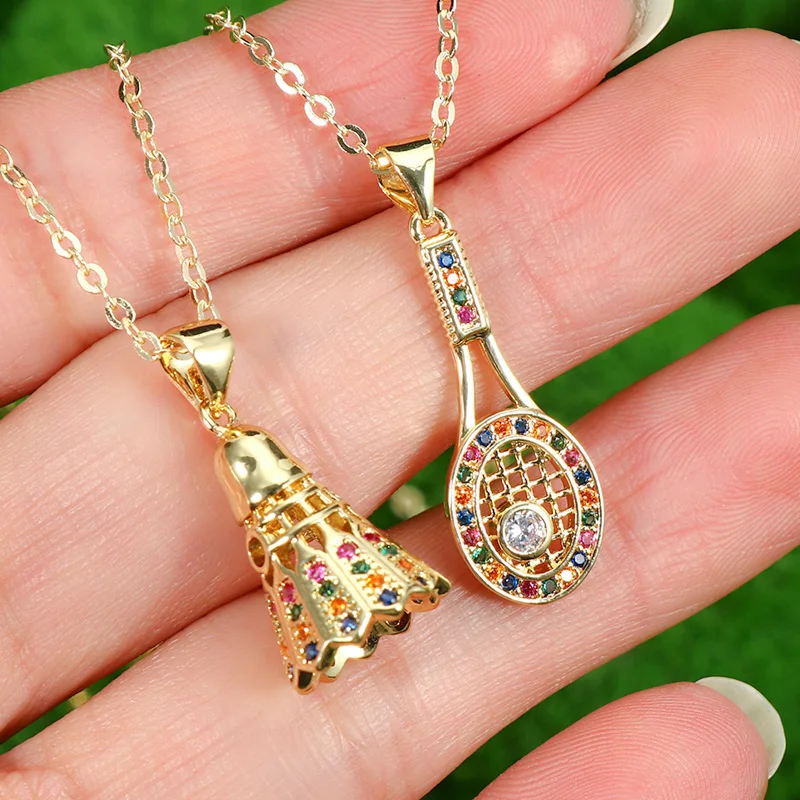 24K Gold Plated Brass Rainbow Zircon Badminton Racket Pendant Necklace For Kids Jewelry Gift