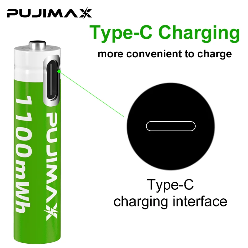 PUJIMAX  Type-C Rechargeable LI-ion Smart Chip Controller Battery set with 4 pcs 1100mwh Battery 3A 1.5V and 4 in 1 USB-C Cable