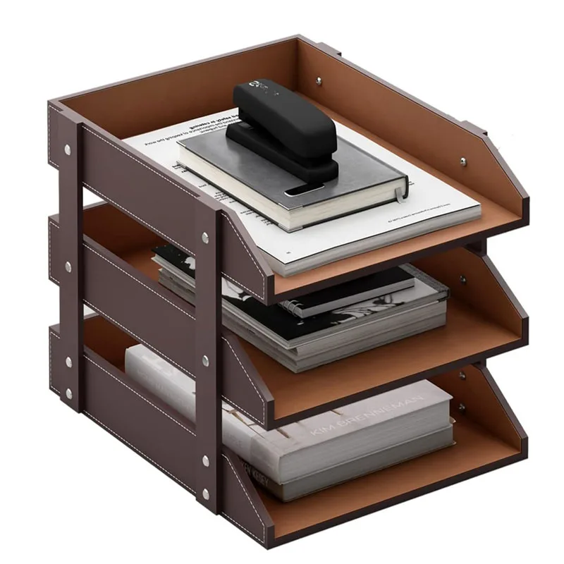 Folding 3 Tier Stackable Desk Papers Organizer Tray PU leather tray desk organizer School Office Accessories Storage Holder