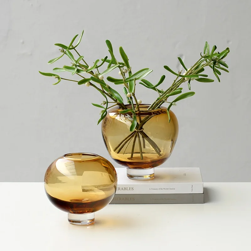 Bixuan Hand blown Glass Vase Modern Luxury Home Decor Table Centerpieces Small Ball Shape Amber Solid Color Flower Glass Vases