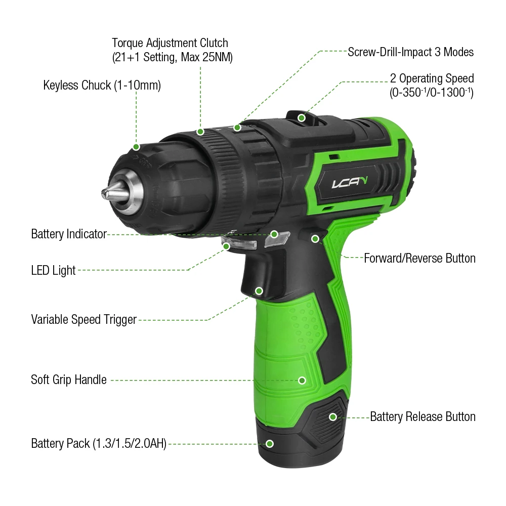 Household Drill 12V 2 Speed Cordless Drill 17+1 Drill Cordless With LED Light