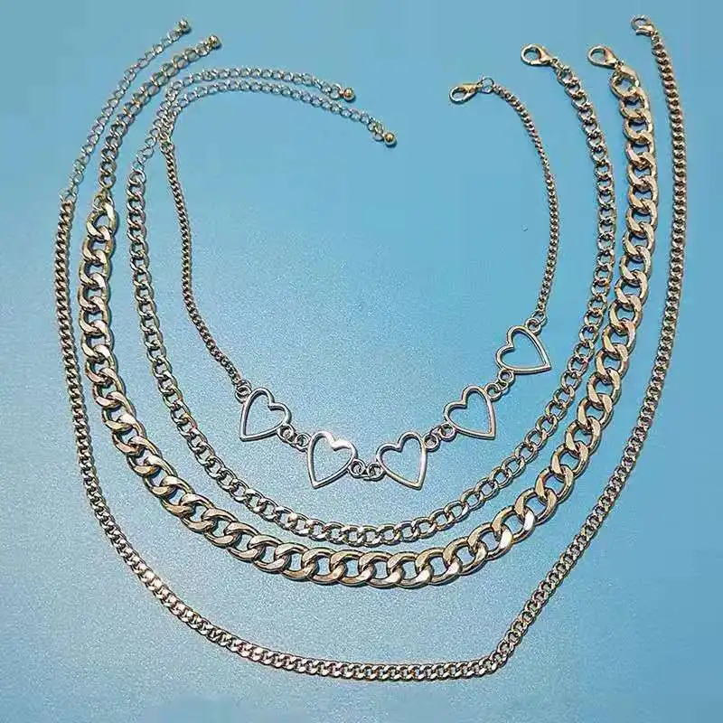Punk Hip Hop Geometric Choker Necklace Fashion Hollow Peach Heart Gold Chain 4 Pcs Layered Necklace Set Women