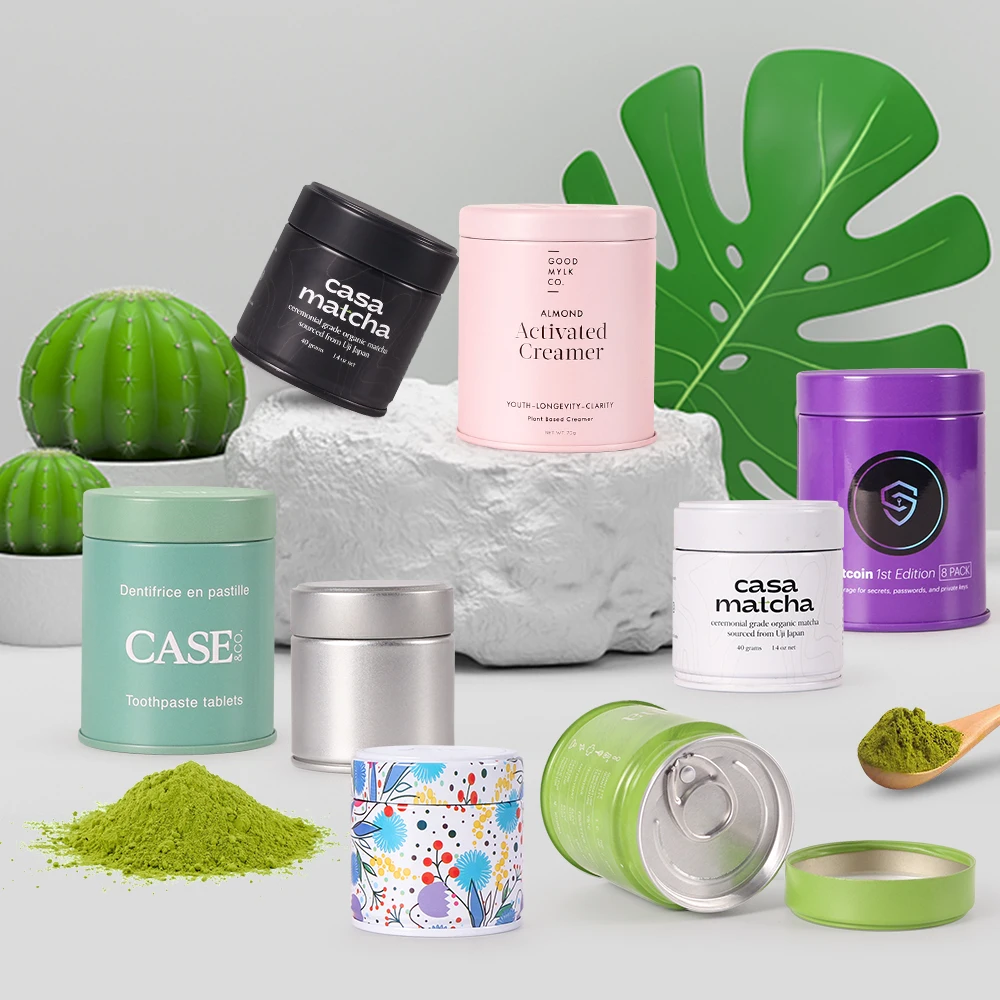 wholesale airtight double lid 50g tin tea packaging black 30g matcha  powder silver tin for matcha spice tin can