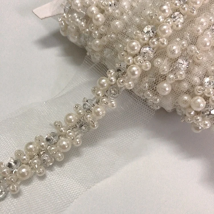 Latest scarf decorations embroidery beaded mesh lace trim wholesale